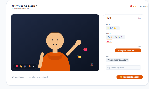 Universal Webinar live event platform — Q4 welcome session mockup